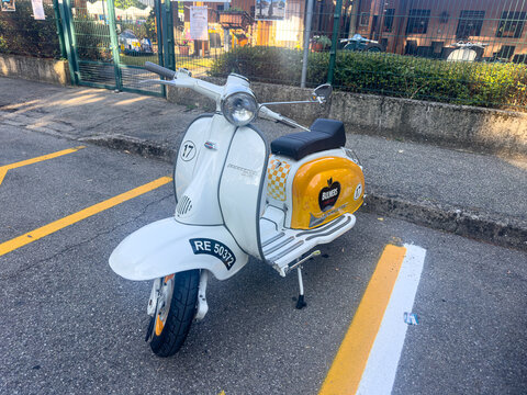 Reggio Emilia, Italy : 2026 09 21 Free Motor Expo Vespa PX classic scooter with Rally style livery parked on street Italy