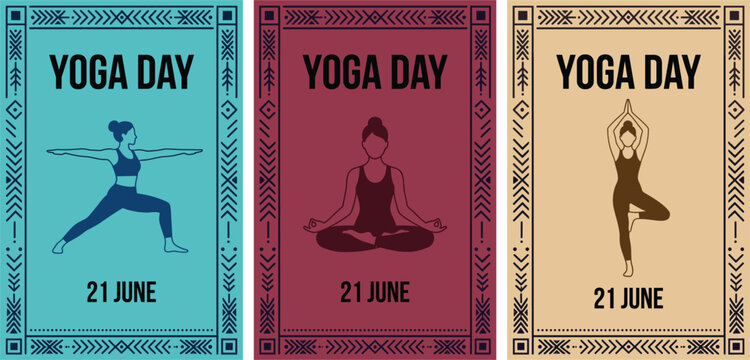 International Yoga Day poster set with 3 vector banners, ethnic yoga flyer collection for June 21 event