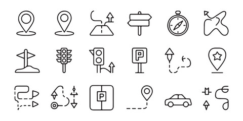 Fototapeta premium Bundle of thin line style navigation icons featuring road signs compass traffic lights and mapping.