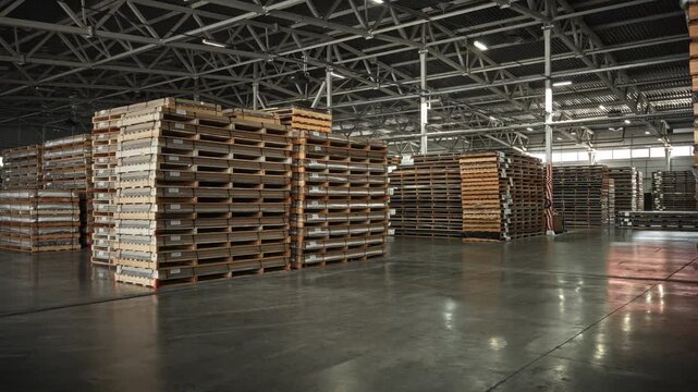 Supervisor Examines Stacked Pallets And Shining Concrete Surface At Dawn For Shipping Readiness
