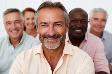 Obraz premium Diverse mature adults smiling in a group portrait for corporate team building background and community leadership banner