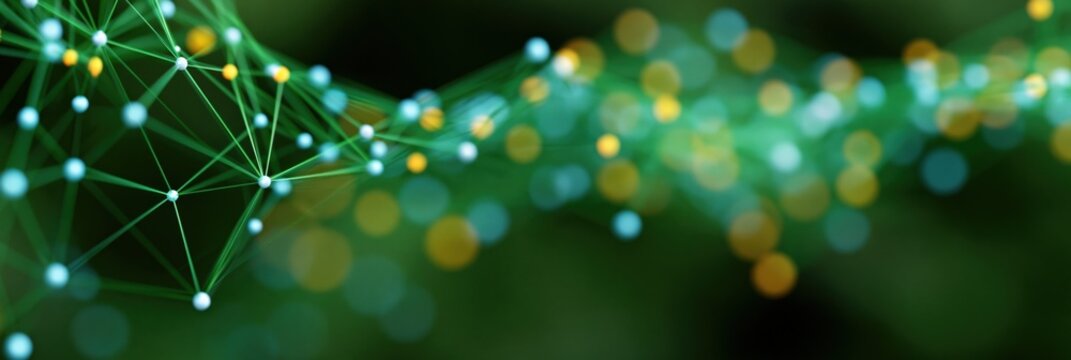 Closeup green node network with soft bokeh and flowing connections for science background and data visualization wallpaper