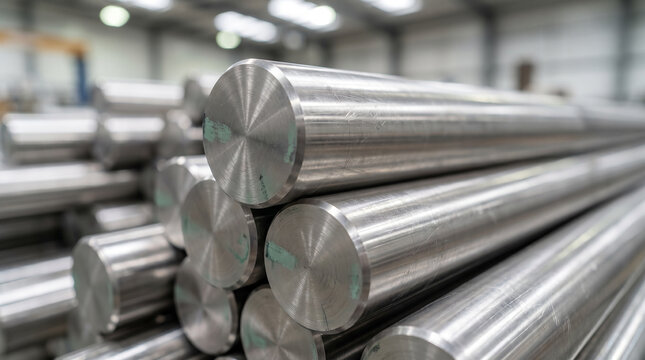 A close-up of shiny steel bars or metal rods stacked in a factory, ready for manufacturing and industrial use
