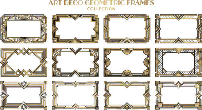 Luxury art deco geometric frame vector collection featuring elegant golden vintage borders with classic 1920s retro gatsby style ornamentation ornaments.