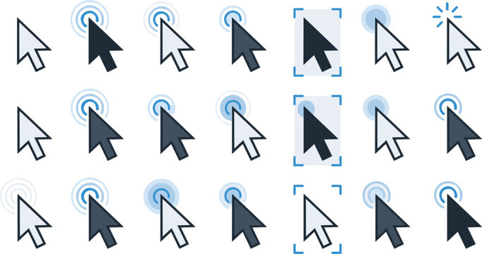 Computer mouse arrow cursor vector icon set featuring various states like click, double click, selection, link hover, and loading indicators in modern blue style.