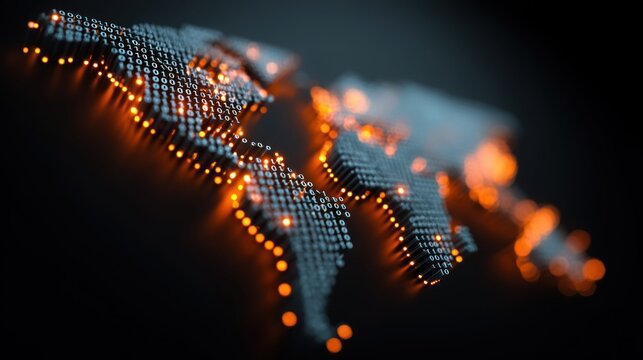 Digital world map made of binary code with glowing orange lights on black background