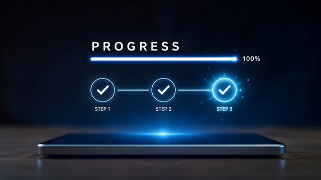 Digital progress bar showing one hundred percent completion with three checked steps floating above a tablet device representing successful project management