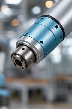 Close-up precision cnc spindle tool in blue metal for industrial machinery background and manufacturing engineering banner design