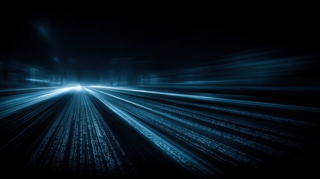 Abstract digital data transfer with light trails and binary code in motion