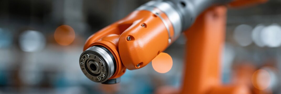 Macro close up of orange robotic arm end effector with bearing detail for industrial automation banner and technology background