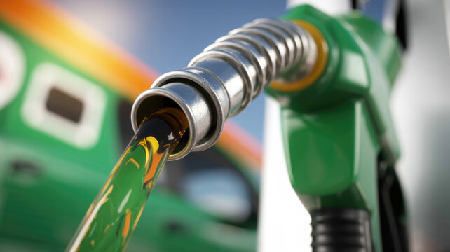 Green fuel nozzle dispensing gasoline at a station close up