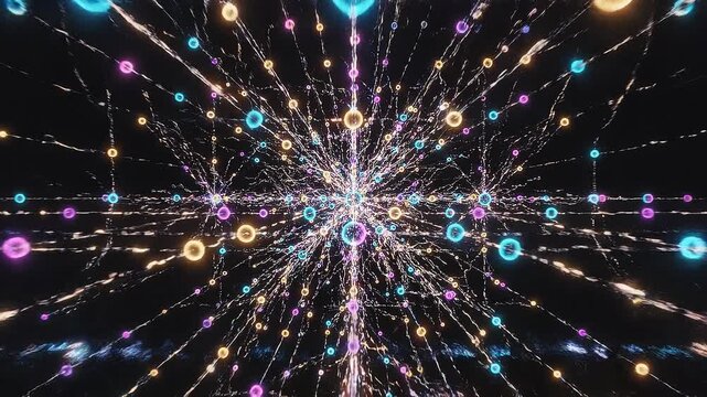 Futuristic digital explosion with glowing particles and neon rings representing technology and data flow