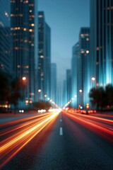 Fototapeta premium City street long exposure with red and orange light trails and towering buildings for urban motion background and futuristic banner design