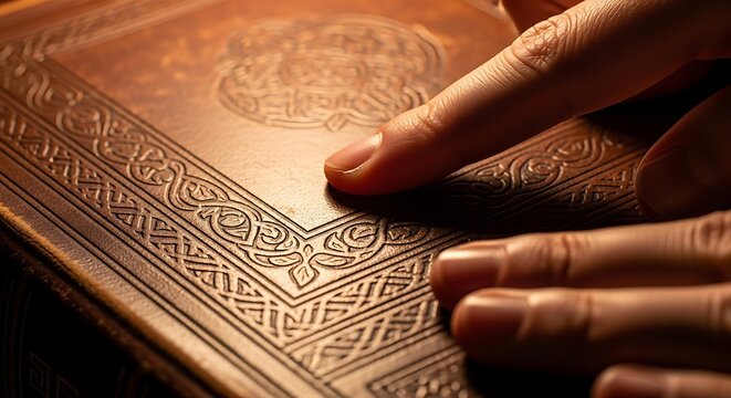 Fingers gently touch the embossed, detailed designs on the cover of an old, leather-bound book, highlighting its texture and craftsmanship.