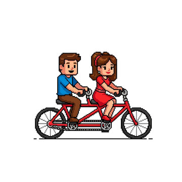 Pixel art illustration of a couple riding a red tandem bicycle, enjoying a recreational activity together.