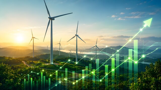 Eco friendly business finance concept showing ascending green energy stock chart over wind turbine landscape at sunset