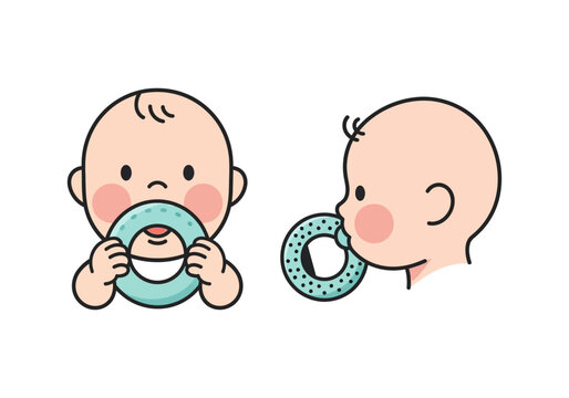 Two cartoon illustrations of a baby's head, one front-facing and one profile, holding and chewing on a teething ring.