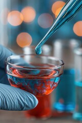 Fototapeta premium Gloved hand holding glass vial with red solution and pipette drop for laboratory background and clinical research poster design