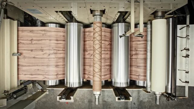 Close Examination Of Industrial Rollers Stamping Timber Grain Designs Onto Plastic Surfaces During Production
