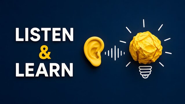 Listen and learn concept with yellow ear icon and crumpled paper lightbulb symbolizing active listening for new ideas