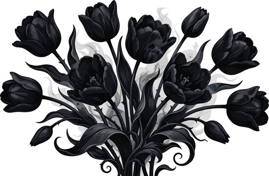 Gothic black tulip flowers bouquet vector illustration with dark blooming blossoms and ornamental leaves isolated on white background for mystical halloween design