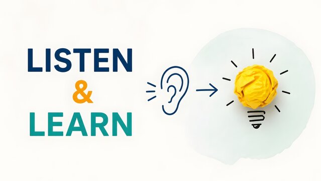 Listen and learn educational concept showing ear and yellow paper lightbulb graphic representing creative thinking process