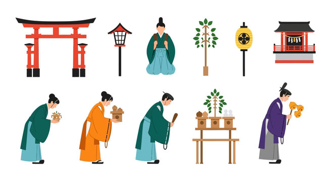 Japanese Culture: Traditional Shrine and People in Kimono