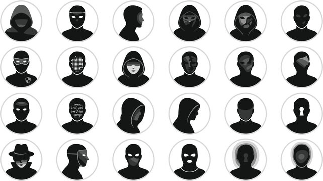 Cyber security hacker silhouette avatar icons set vector illustration featuring anonymous dark profiles with hoods masks and spy elements inside circles for web protection