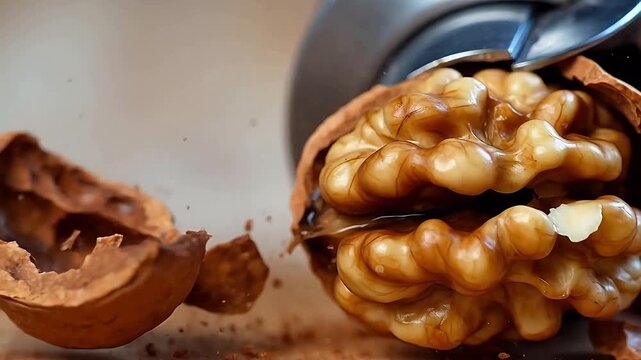 Nutcracker Crushing Walnut with Splitting Shell and Kernel Reveal