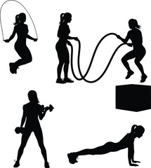 Women Fitness Workout Silhouettes with Jump Rope, Dumbbell, Push-Up and Strength Training Poses © SAIF820