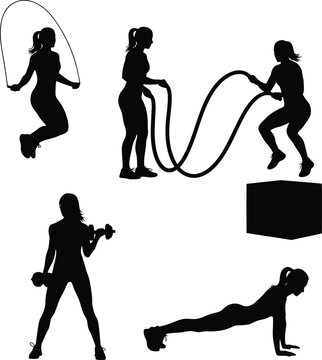 Women Fitness Workout Silhouettes with Jump Rope, Dumbbell, Push-Up and Strength Training Poses