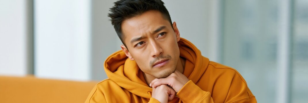 Young man pensive looking up with hands clasped under chin indoor portrait for contemplative banner and mindfulness background