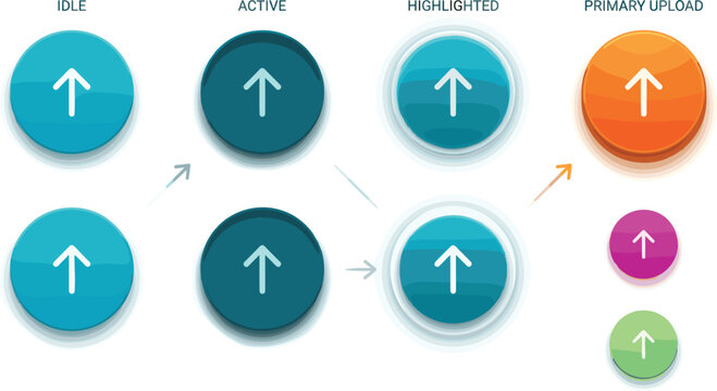 User interface upload arrow buttons set vector illustration showing idle active highlighted and primary states for web design software application dashboard development