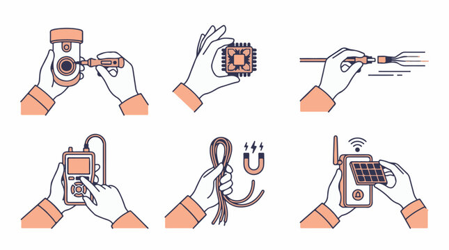 Vector illustration of hands performing various technical and scientific tasks, including handling microchips, connecting fiber optic cables, operating diagnostic devices, and assembling electronic
