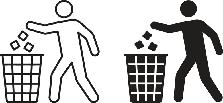 Stick figure throwing trash in bin, black and white versions
