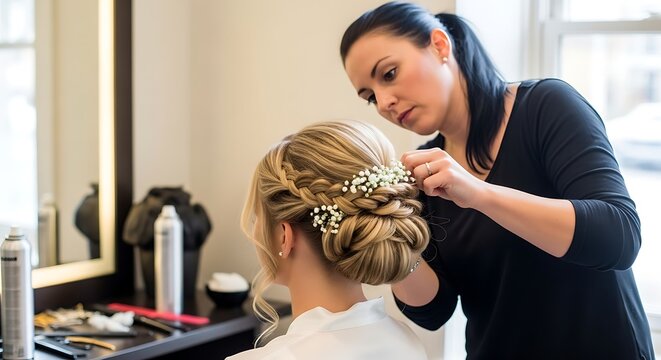 Professional hairstylist finishing an elegant bridal updo in a salon