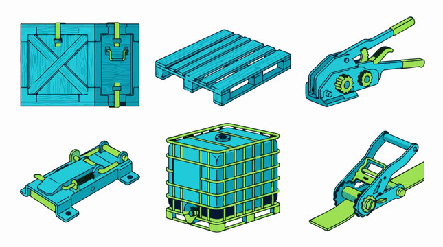 Vector illustration set depicting various shipping and logistics equipment items such as a wooden crate, pallet, strapping tool, IBC container, and ratchet strap in a flat design style.