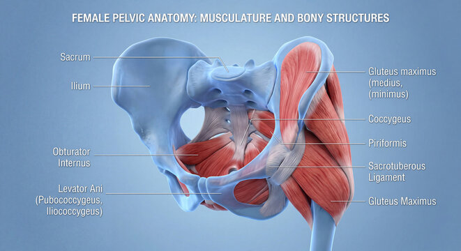 Human Pelvic Anatomy with Muscle Layer and Bone Visualization