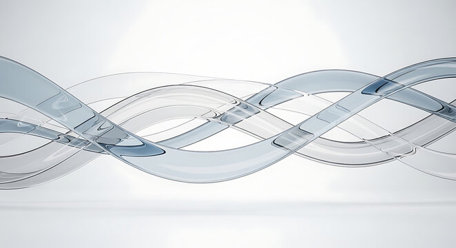 Abstract image of translucent blue-grey wavy ribbons twisting and intertwining on a clean white background, creating a sense of fluid motion and modern design.