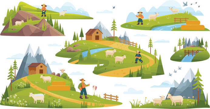 Mountain farm vector illustration collection featuring shepherds herding sheep and goats in green alpine meadows near rustic barns and snowy peaks.