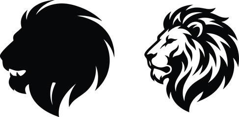 Obraz premium Lion head silhouettes and detailed artistic logo design with silhouette predator wildlife