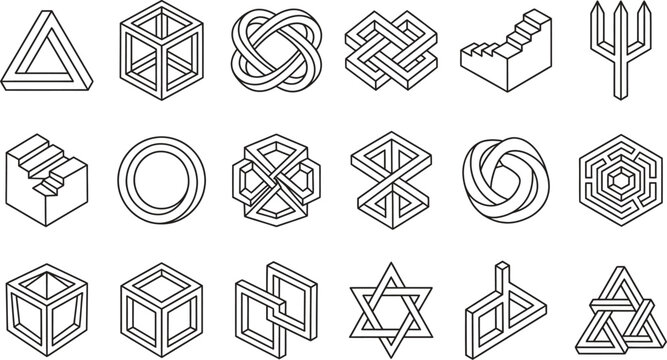 Collection of impossible shapes, optical illusion, geometric figures, line art