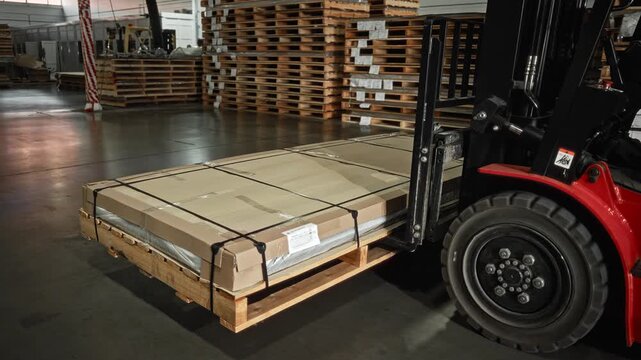 Loading Goods Onto Pallets Efficiently. Material Handling Forklift Moving Goods In Storage Facility