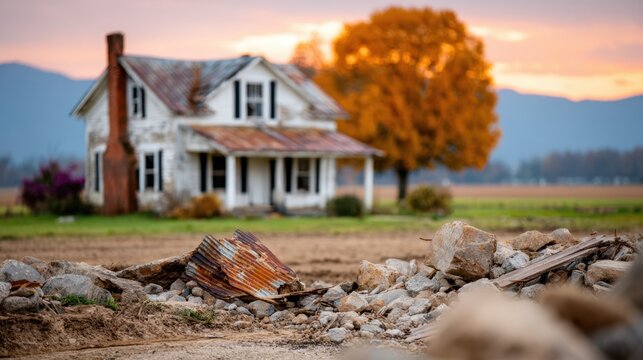 Burnt house ruins with collapsed structure and blackened walls