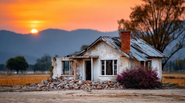 Burnt house ruins and collapsed structure with blackened walls at sunset