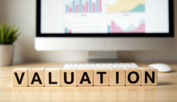 Wooden block letters spelling VALUATION on office desk with blurred financial charts and computer in background for business valuation background and financial report banner