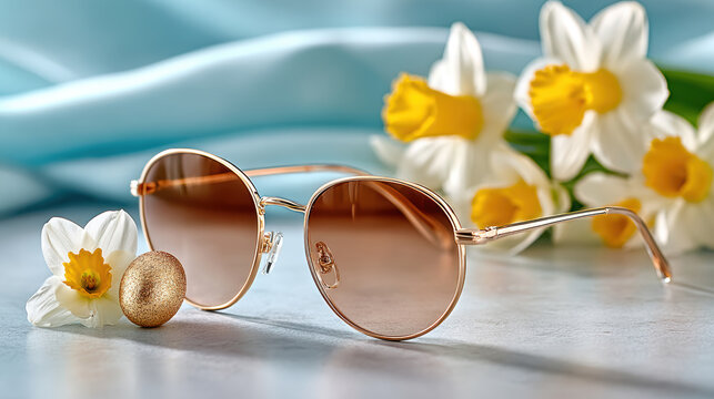 Round sunglasses with spring daffodils and golden egg for easter poster and seasonal product background with soft pastel tones