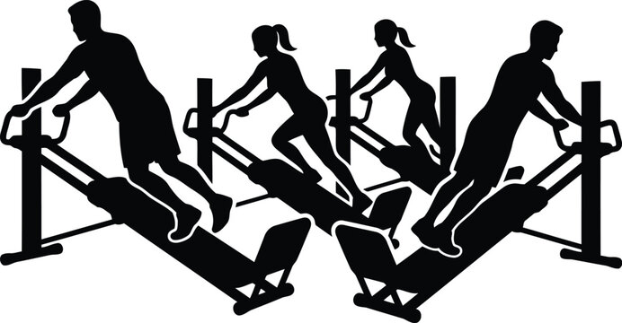 Silhouettes of people using cardio exercise machines in a gym, isolated black fitness workout concept