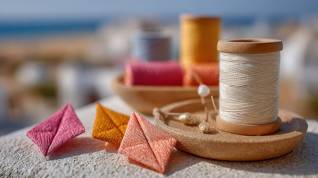 Natural twine spool with small colorful kite tails and beads on rooftop for craft and festival decoration background and summer party scene