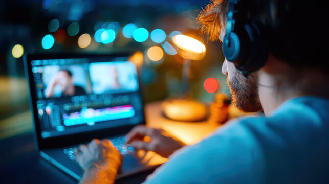 Person wearing headset working on laptop editing video with blurred bokeh lights for content creator workspace background and streaming thumbnail design